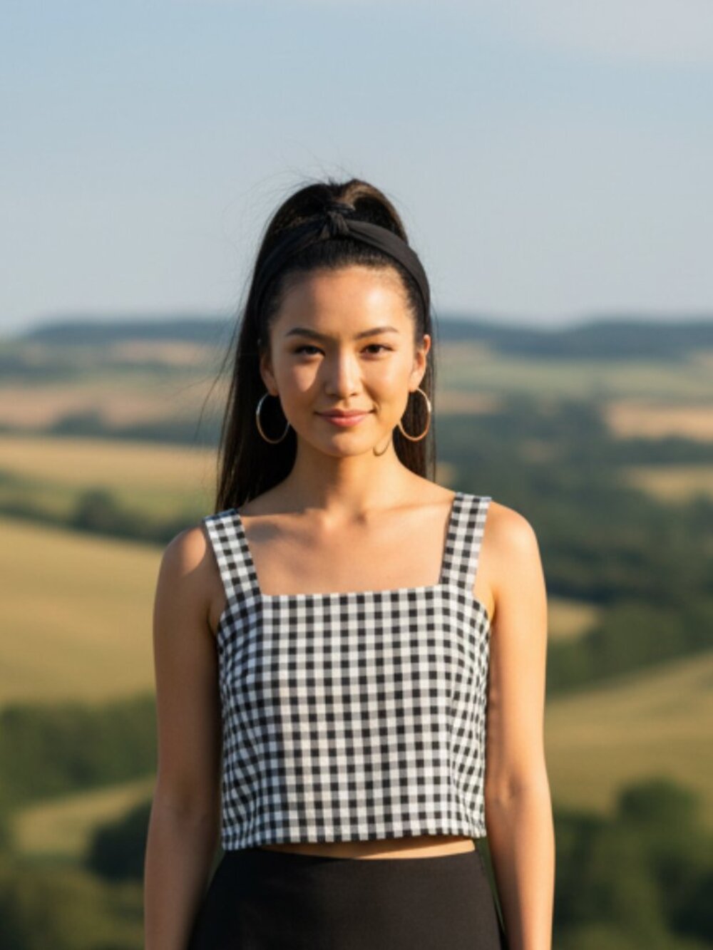 A New Day Black White Gingham Linen Blend Square Neck Tank Top